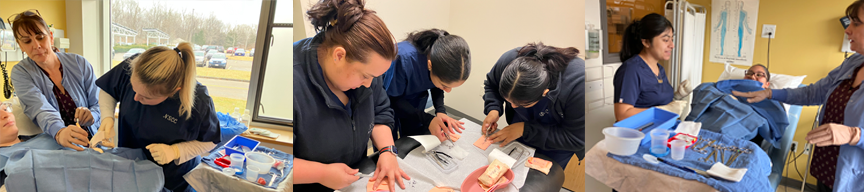 Medical assisting instructor demonstrates how to staple the wound, students practice removing surgical staples and sutures, student prepares to assist with a sebaceous cyst removal 