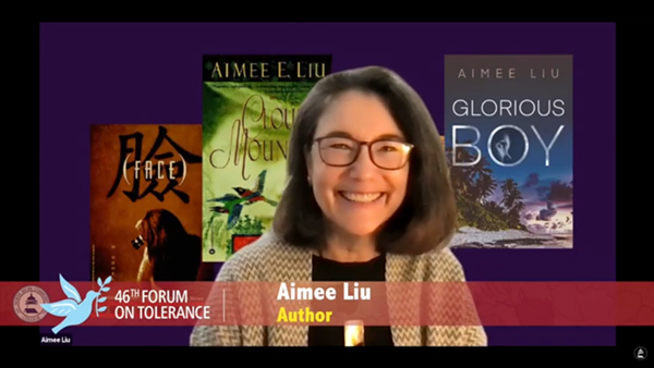 Key frame of Aimee Liu with her three books in the background