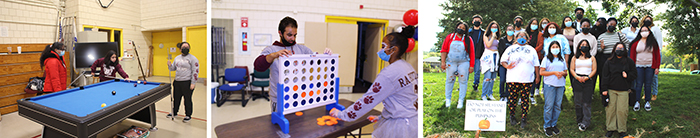 Three photo collage of students playing pool, a giant game of connect four and a group shot of students in the Fall.