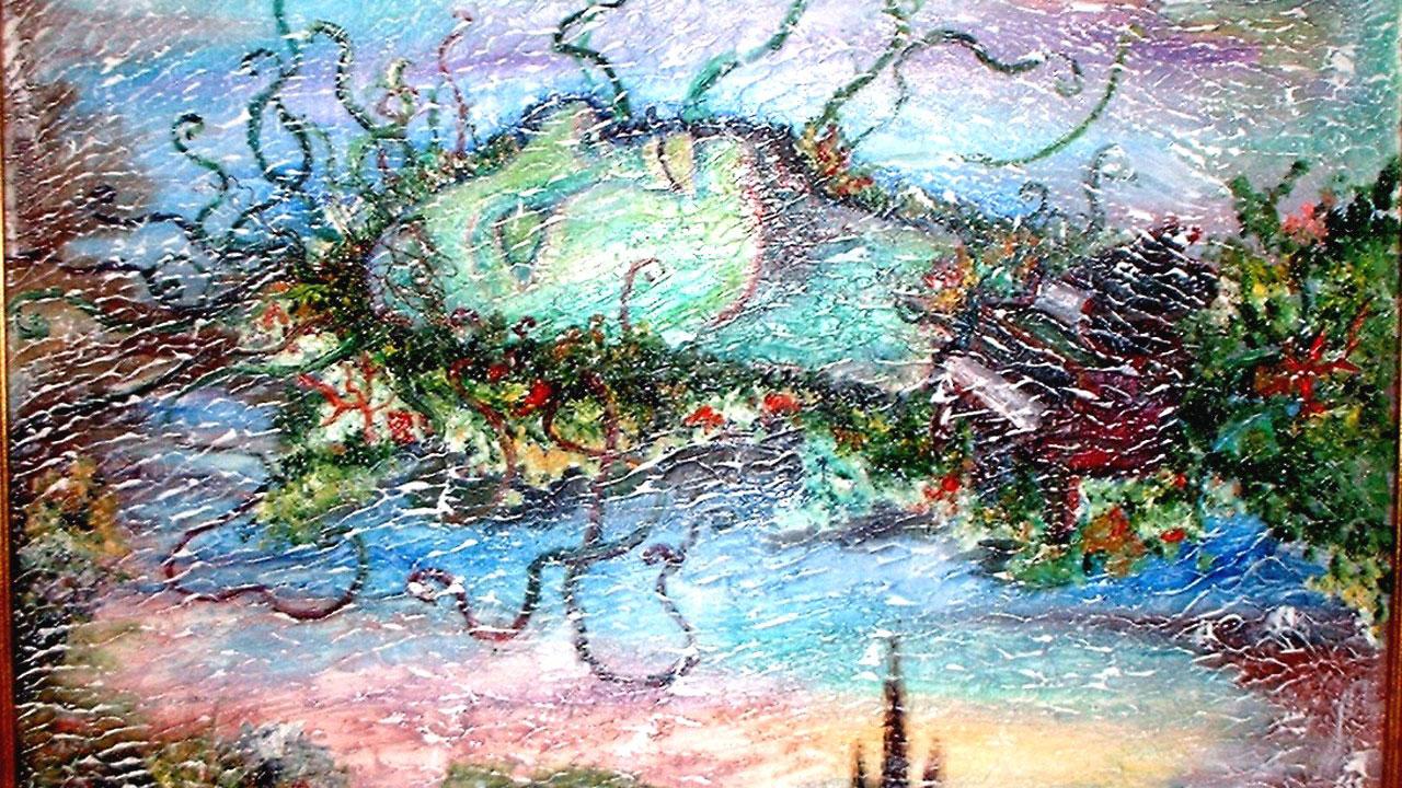 Abstract painting of nymph head in a pond.