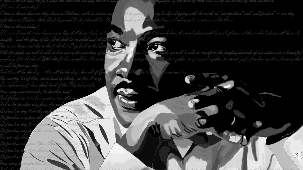 Digital, posterized image of Martin Luther King Jr. with clasped hands in front while looking to the right