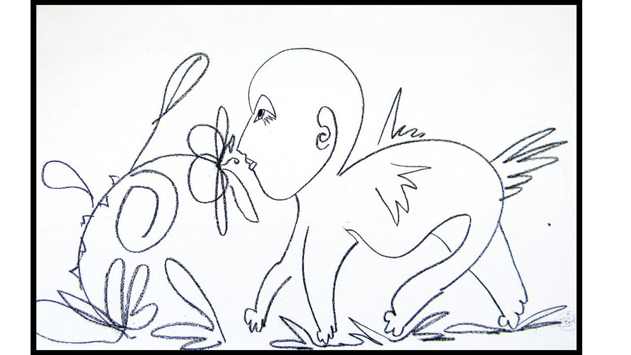 Minimal Line drawing of four-legged, winged, creature with human head sniffing flower