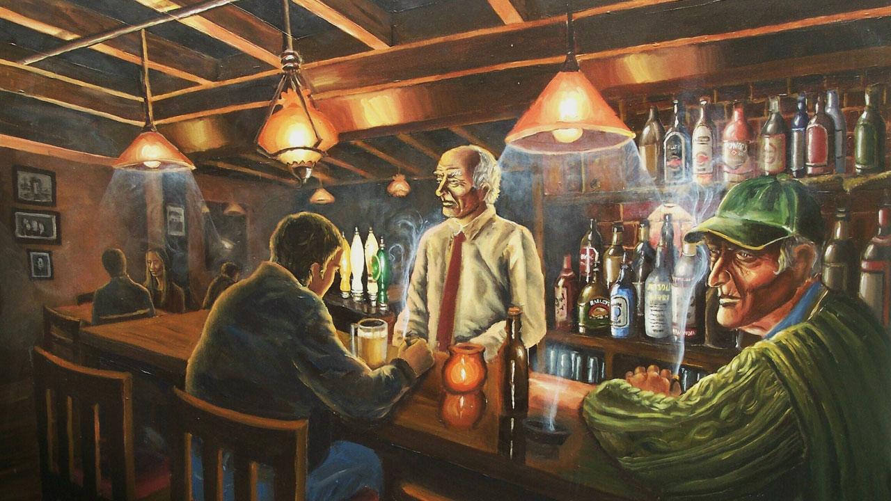 Painting of a bar with three people