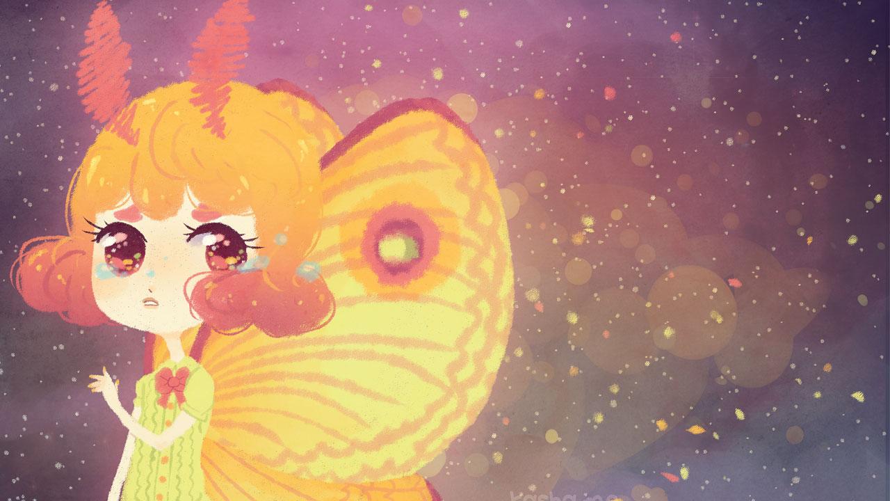 Anime style fairy with butterfly wings on a spacey background