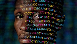 National Geographic image of African American face overlayed with genetic code
