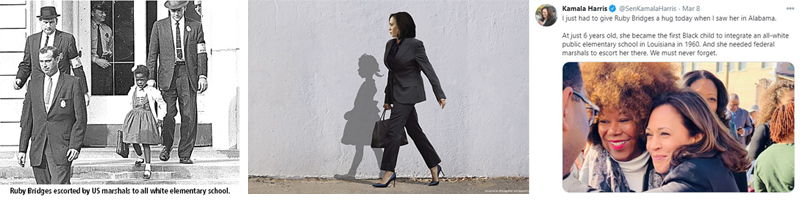 Kamala Harris in iconic recreation of photo of Ruby Bridges walking strongly in front of a white, concrete wall. 