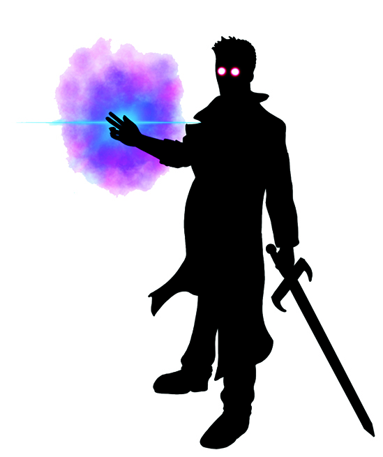 black silloutte of man with sword and magic smoke coming from hand