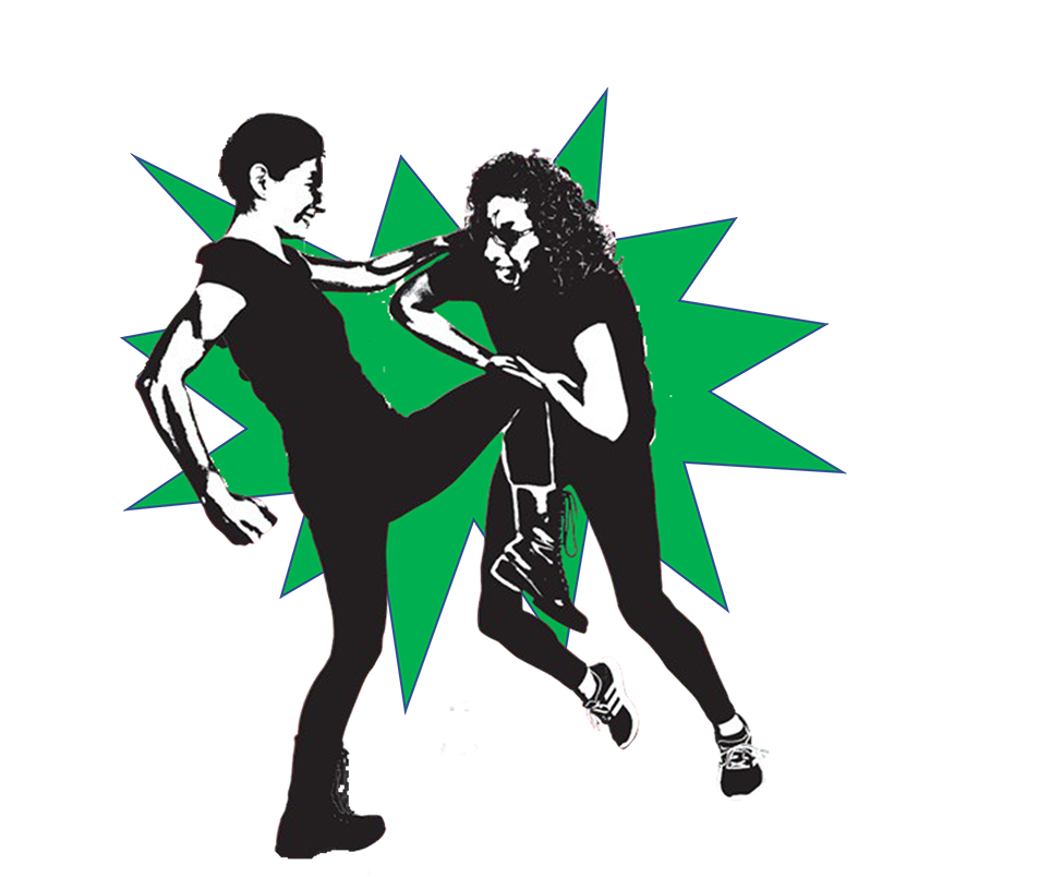 two people demonstrating combat acting in black and white with green splash background