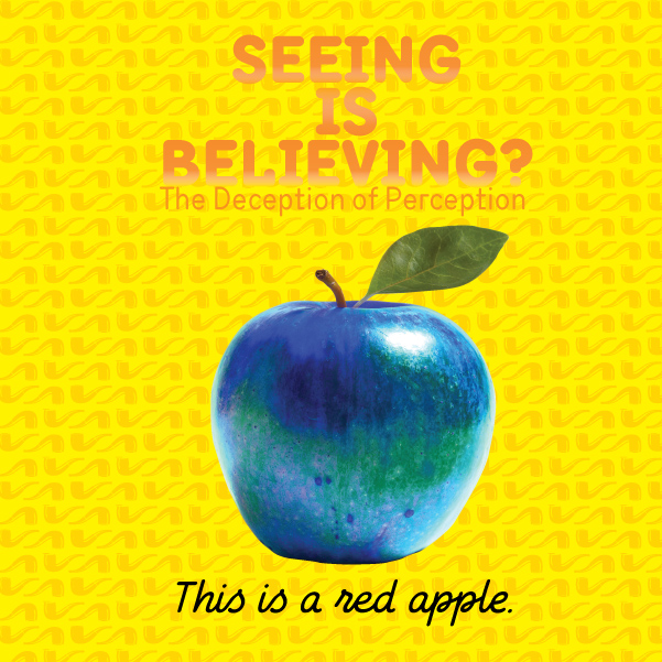 Blue apple on yellow background with the word, "This is a red Apple" underneath.