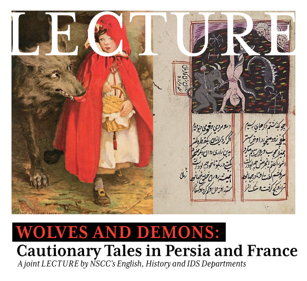 Archival painting of Red Riding hood and wolf and the cover of The Book of Arda Virof