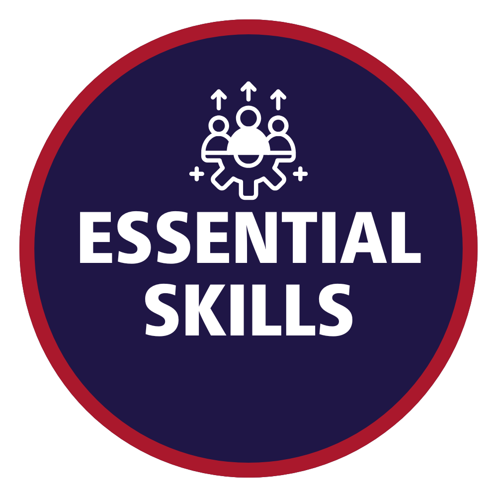 A circular badge with a navy background and red border displaying the words “Essential Skills” beneath an icon of three people, upward arrows, and a gear symbolizing skill development and growth.
