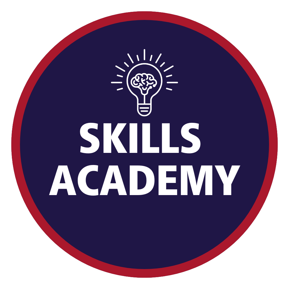 Circular badge with a red border and dark blue background featuring a lightbulb with a brain inside above the words “Skills Academy” in bold white text.