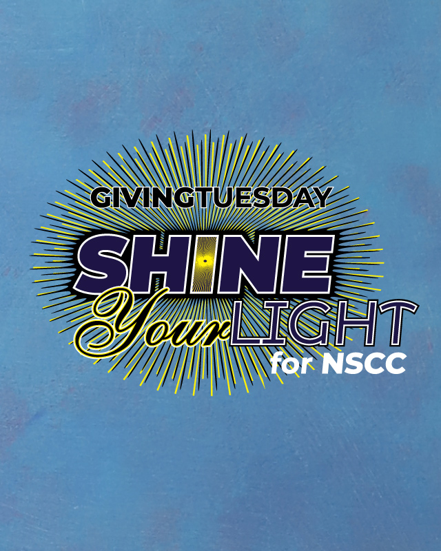 Giving Tuesday logo with a faded image of student Megan Schill in background