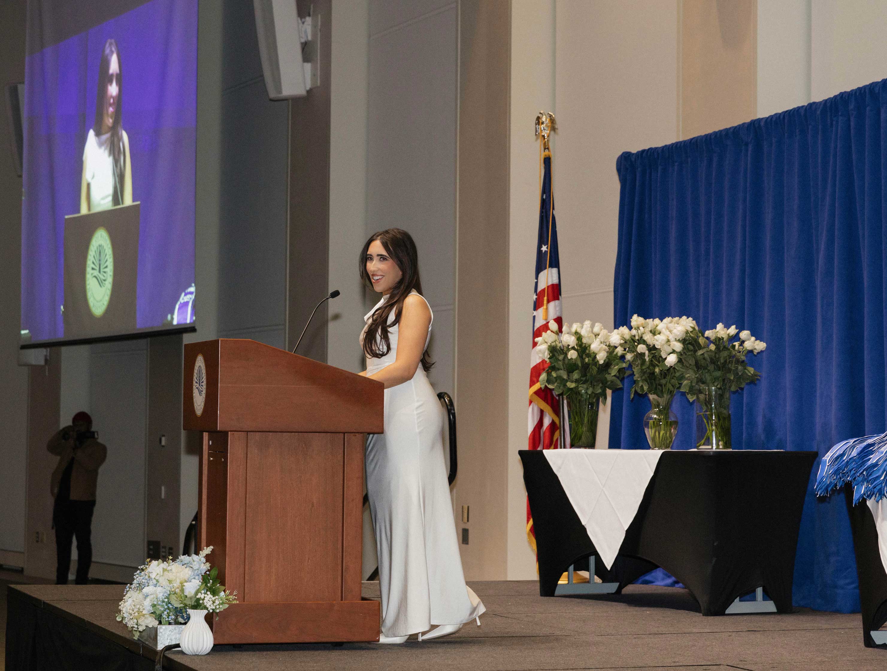 Sam Hartman Sam Hartman giving her speech at graduation at UMass Boston