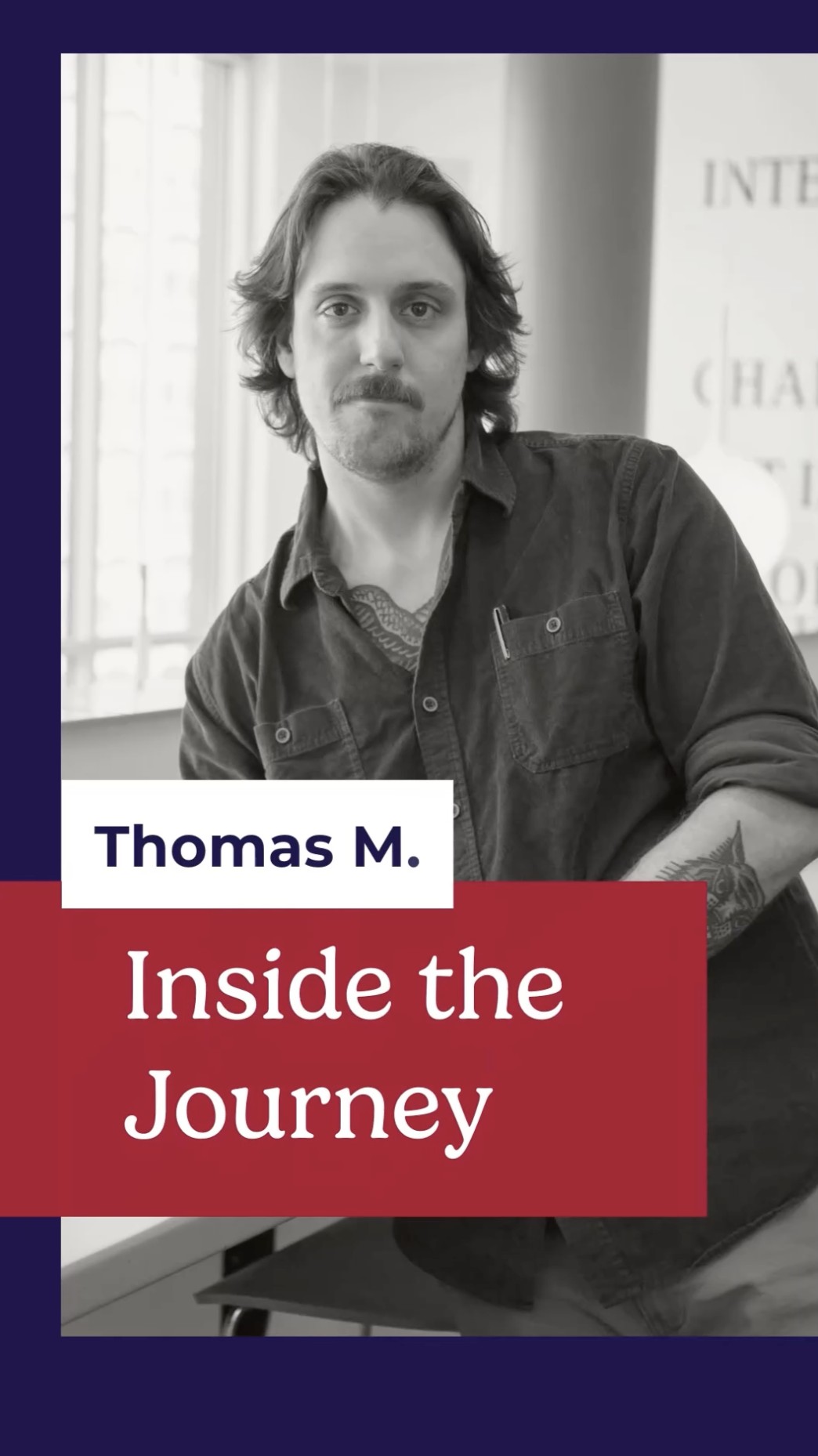 A photo of a man with medium long hair and tattoos with the text Thomas M. Inside the Journey