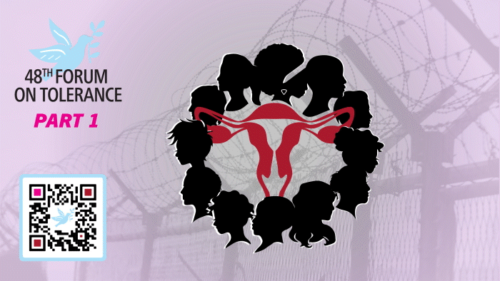 48th FOT image. 12 silhouettes of women's heads arranged in a clock face with a uterus as the arms of the clock.