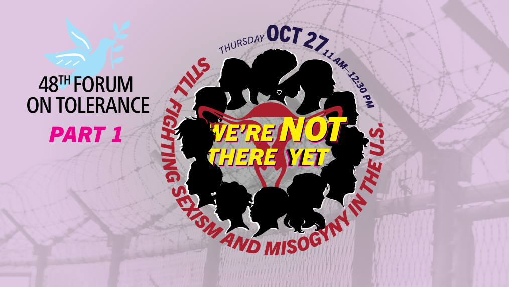 12 silhouettes of women's heads around a illustration of a uterus with "We're Not There Yet: Still fighting sexism and misogyny in the U.S." over it with a ghosted background of barbed wire.