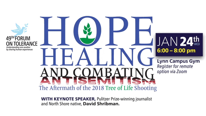 49th FOT gif of the type Hope, Healing and combating crushing Antisemitism with a background of the stained glass polyptych of the Tree of Life Synagogue.