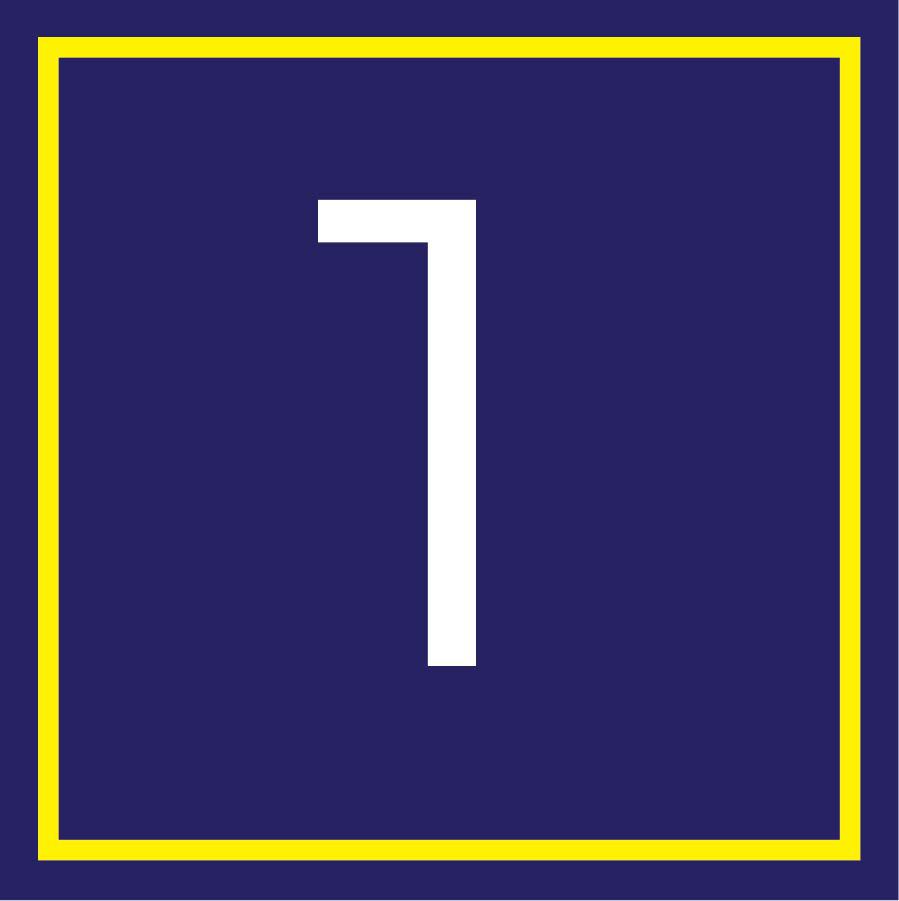 Icon, number 1 in a square with the school colors blue and yellow