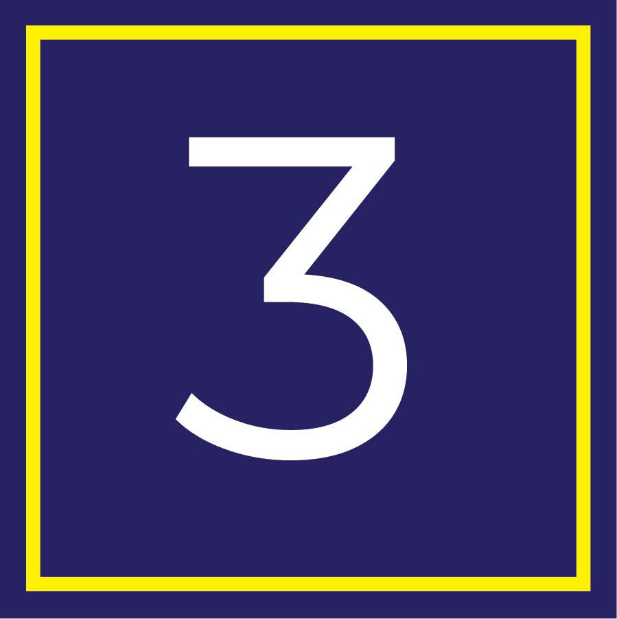 Icon, number 3 in a square with the school colors blue and yellow